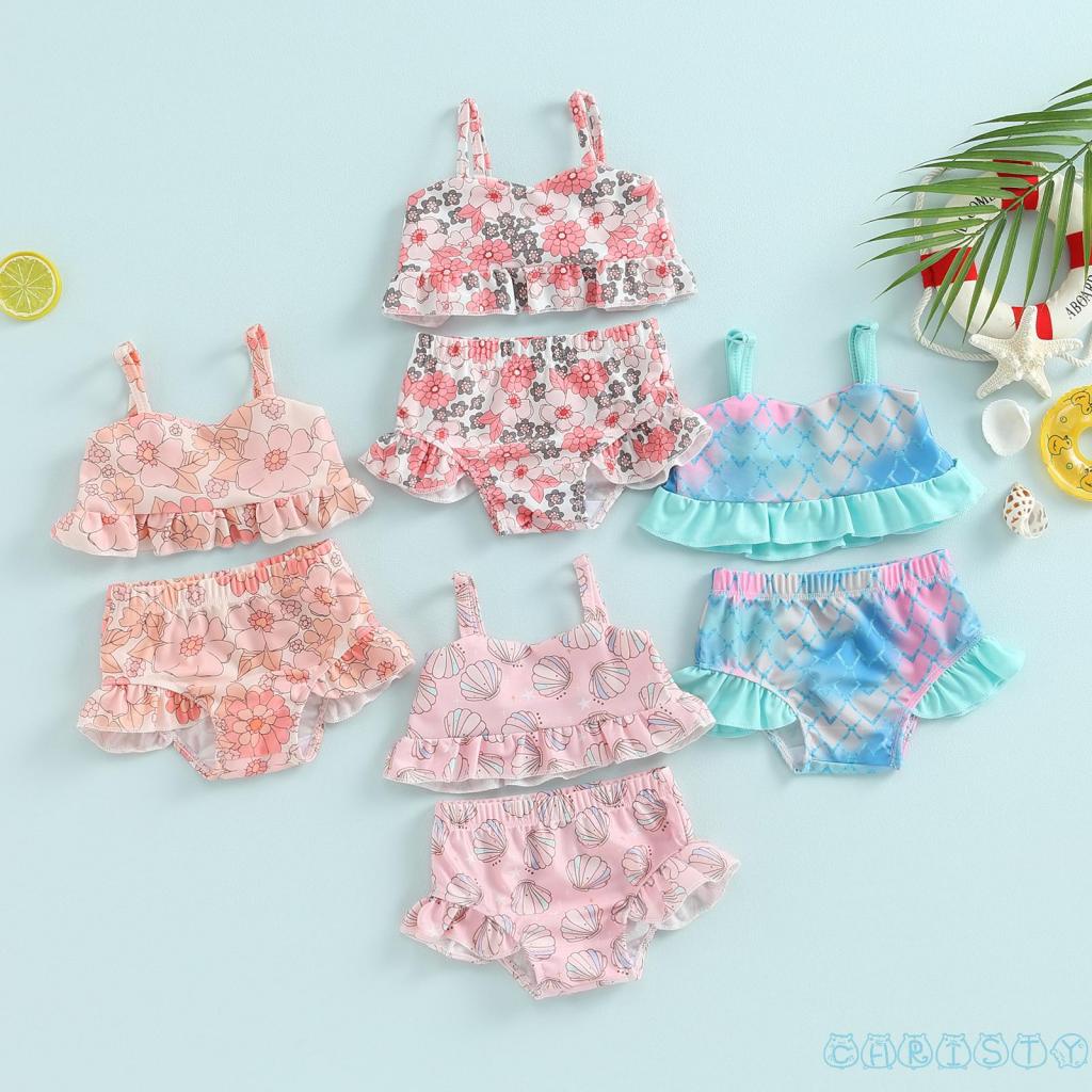 Bộ Đồ Bơi Áo Croptop Trễ Vai Không Tay Phối Bèo Và Quần Short Thời Trang Đi Biển Cho Bé Gái