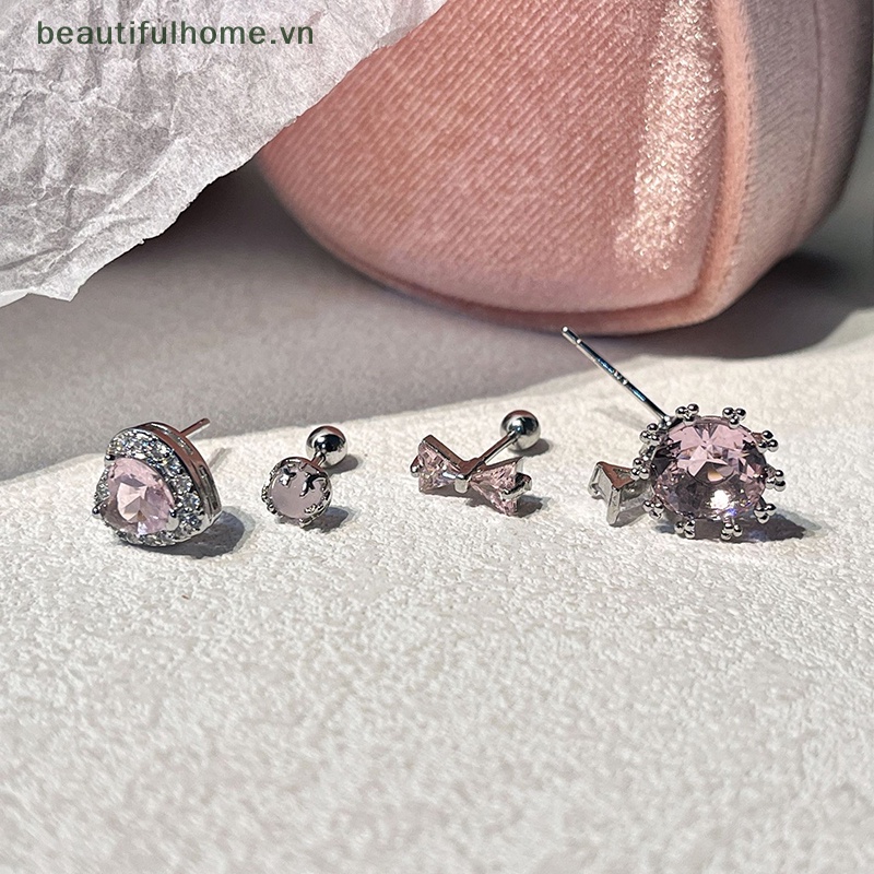 Bông Tai Hình Nơ / Trái Tim Phối Tua Rua Đính Đá Zircon Màu Hồng Ngọt Ngào Dễ Thương Cho Nữ