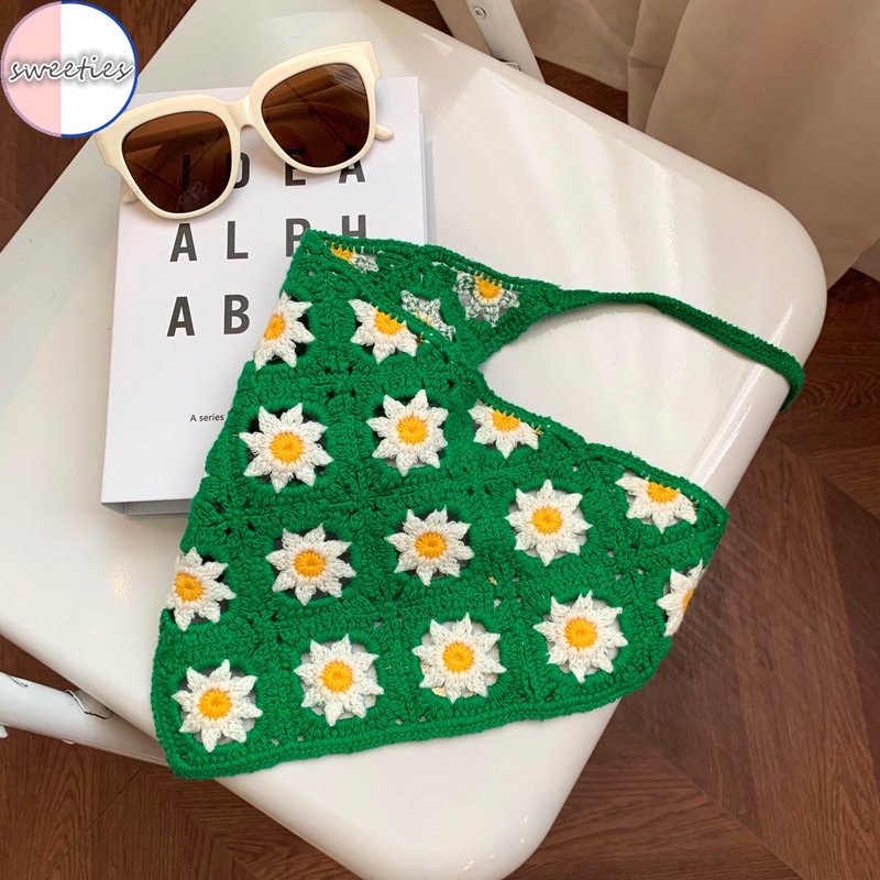 Băng Đô Cài Tóc Dệt Kim Thủ Công Hình Tam Giác Họa Tiết Hoa Cúc Phong Cách Hàn Quốc Ngọt Ngào