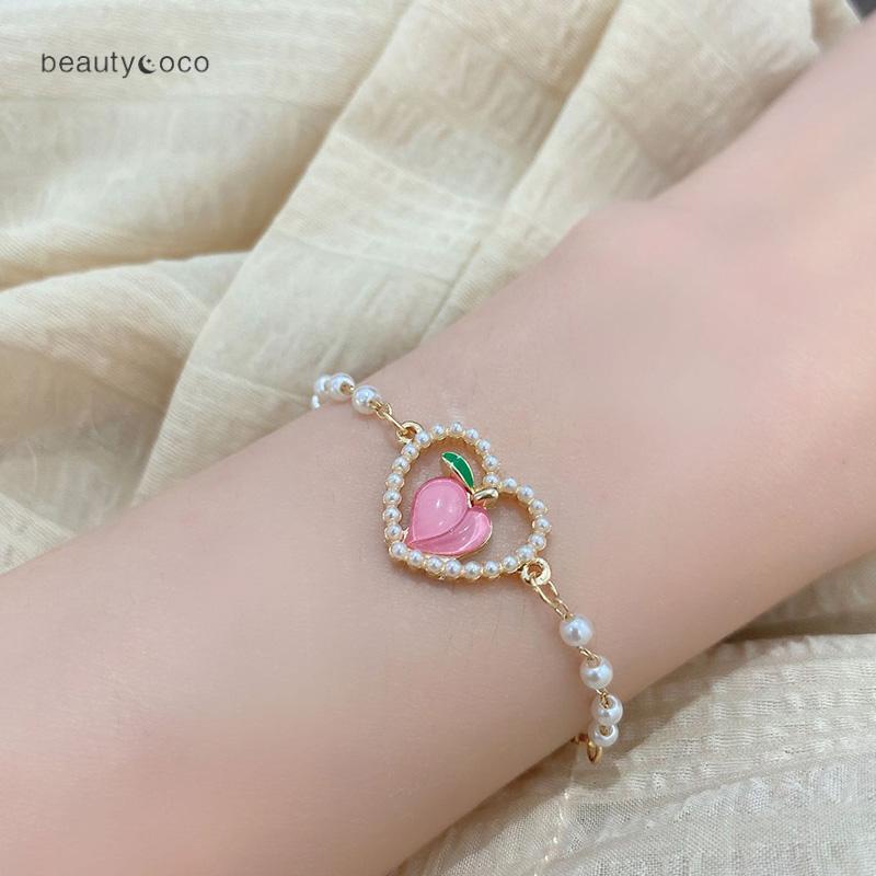 Beautycoco🍊Vòng đeo tay Ngọc Trai Hình Trái Tim Phong Cách Mới 2023,Vòng Tay Hình quả đào Đính Ngọc Trai