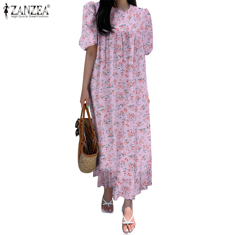 ZANZEA Đầm Tay Phồng Ngắn Dáng Rộng In Họa Tiết Hoa Xinh Xắn Thời Trang Cho Nữ