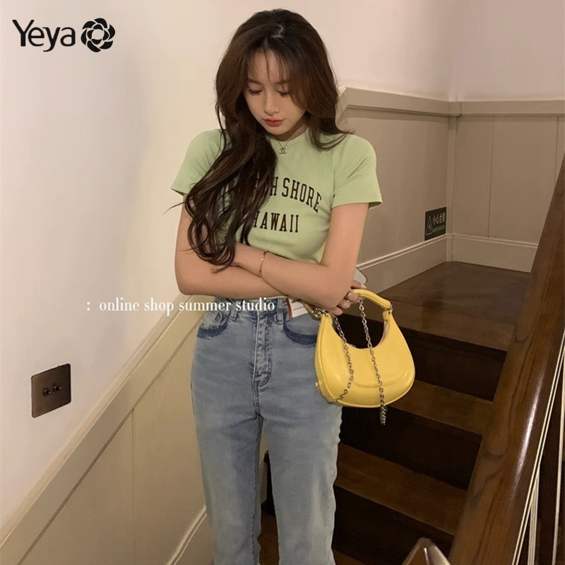 YEYA Áo Thun Nữ Ngắn Tay In Chữ Phong Cách Mỹ Mới