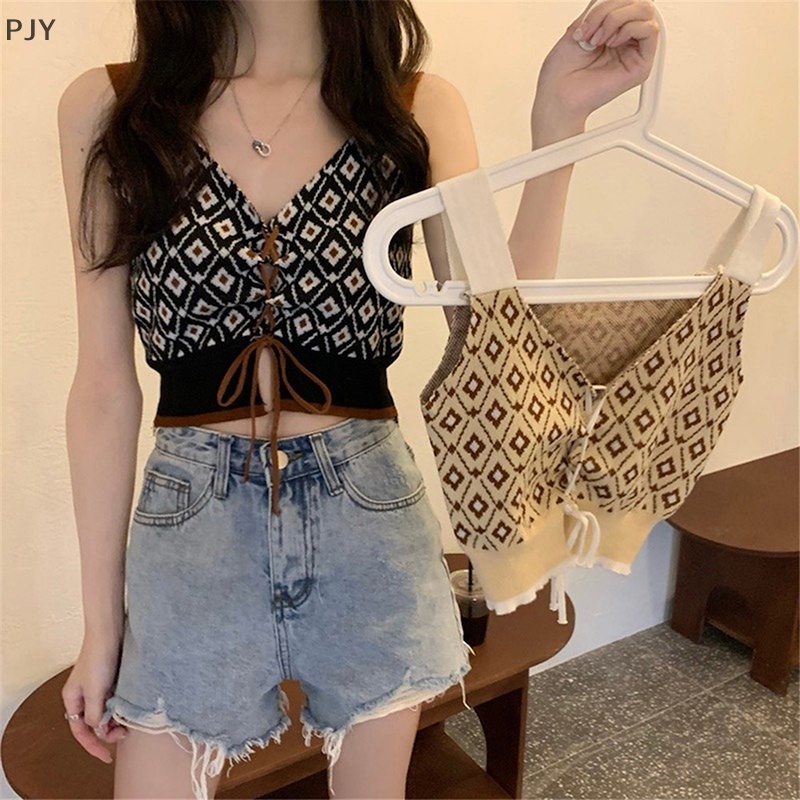 Áo Hai Dây Dệt Kim Cổ Chữ V Phong Cách Retro Cho Nữ PJ