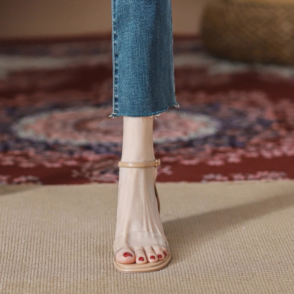 Duoya Tóc Thẳng ~ [Hàng Có Sẵn] Sandal Cao Gót Dây Da Mềm Trong Suốt Cảm Giác Màu Nude Đơn Giản Cho Nữ Miễn Phí Vận Chuyển