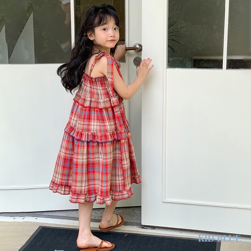 Đầm Tầng Thắt Nơ Họa Tiết Caro Ngọt Ngào Thời Trang Mùa Hè Phong Cách Hàn Quốc Cho Bé Gái