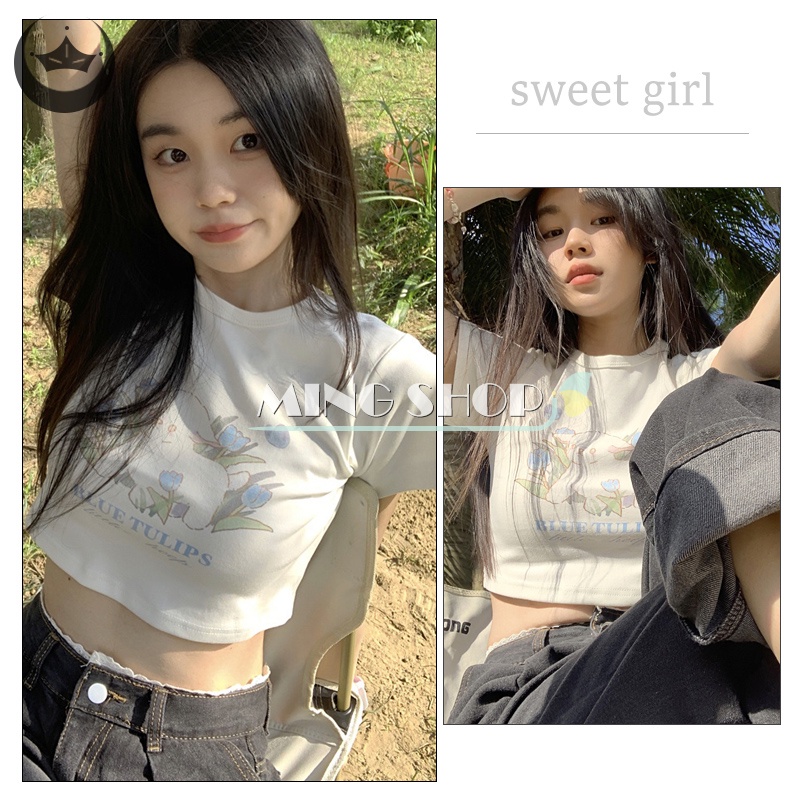 Áo Thun Croptop Tay Ngắn Cổ Tròn In Họa Tiết Cừu Hoạt Hình Phong Cách Retro Mỹ Dành Cho Nữ