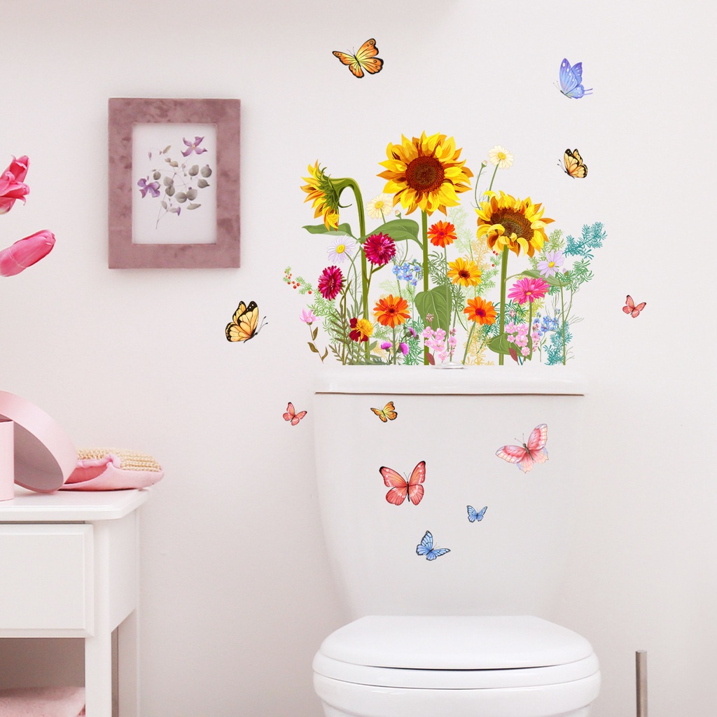 Miếng Dán Trang Trí Toilet Họa Tiết Hoa Hướng Dương Và Bướm Ms1689