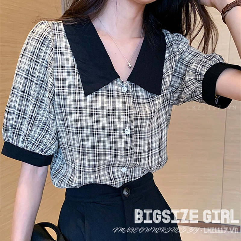 Áo sơ mi Bigsize Áo kẻ sọc caro nữ tay ngắn form rộng mùa hè Phong cách Hàn Quốc Thời Trang cá tính xinh đẹp bigsizegiaree