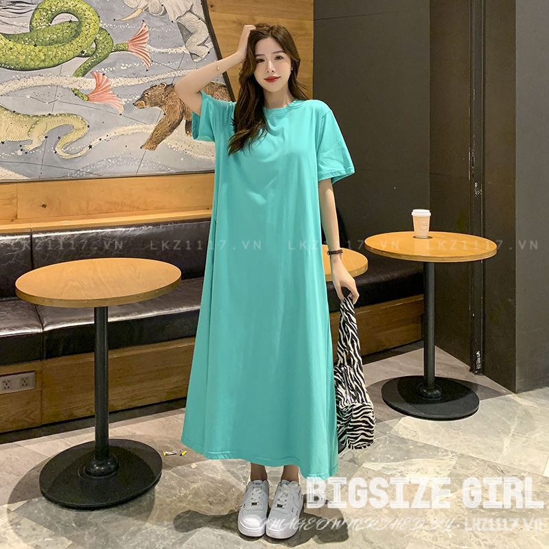 Váy đầm nữ Bigsize Đầm thun suông dáng dài tay ngắn cổ tròn trơn mùa hè Phong cách Hàn Quốc Thời Trang đẹp