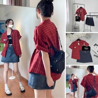 Set 3 món somi kẻ đỏ kèm áo 3 lỗ chân váy jean hàng sẵn