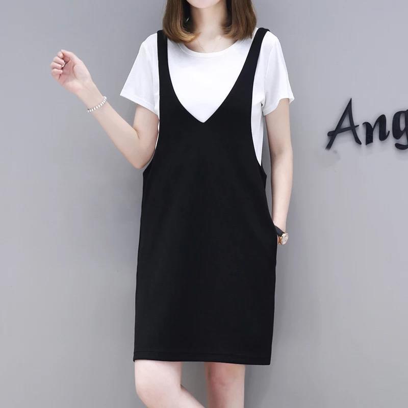 Set Áo Thun Tay Ngắn + Đầm Hai Dây C1116 Có Size Lớn 40-100KG Dành Cho Nữ