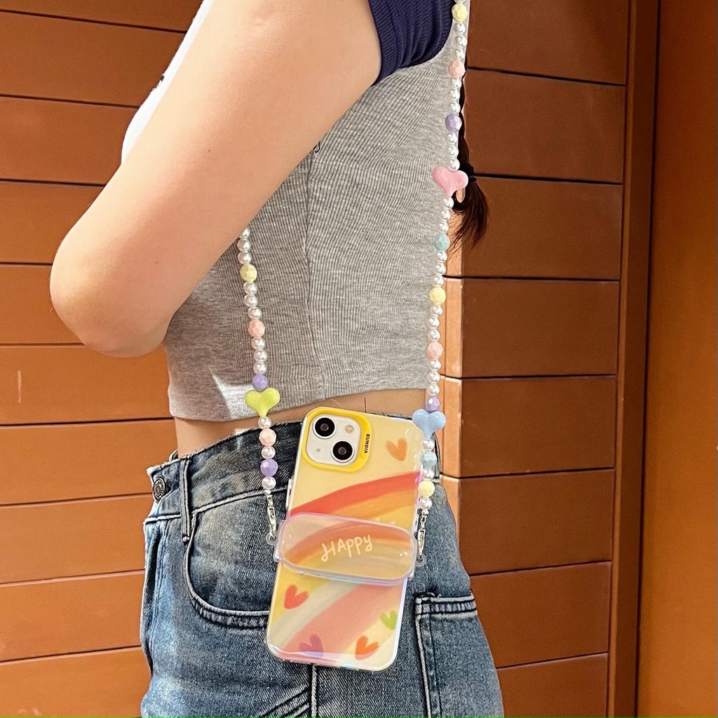 Ốp Điện Thoại TPU Mềm Chống Rơi Màu Cầu Vồng Đính Ngọc Trai Và Dây Đeo Chéo Cho iPhone 14 13 12 11 Pro Max