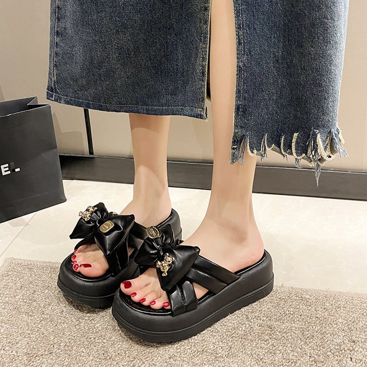 Dép Quai Ngang Đế Dày Đính Nơ Thời Trang Mùa Hè Hàn Quốc 2023