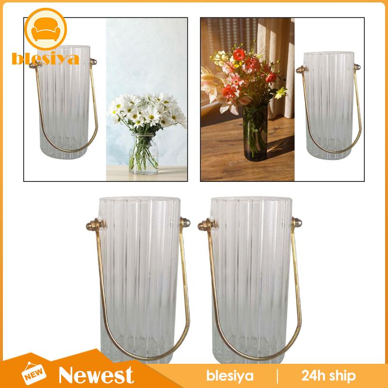 Bình Hoa Thủy Tinh Trong Suốt Hình Trụ Với Tay Cầm Kim Loại