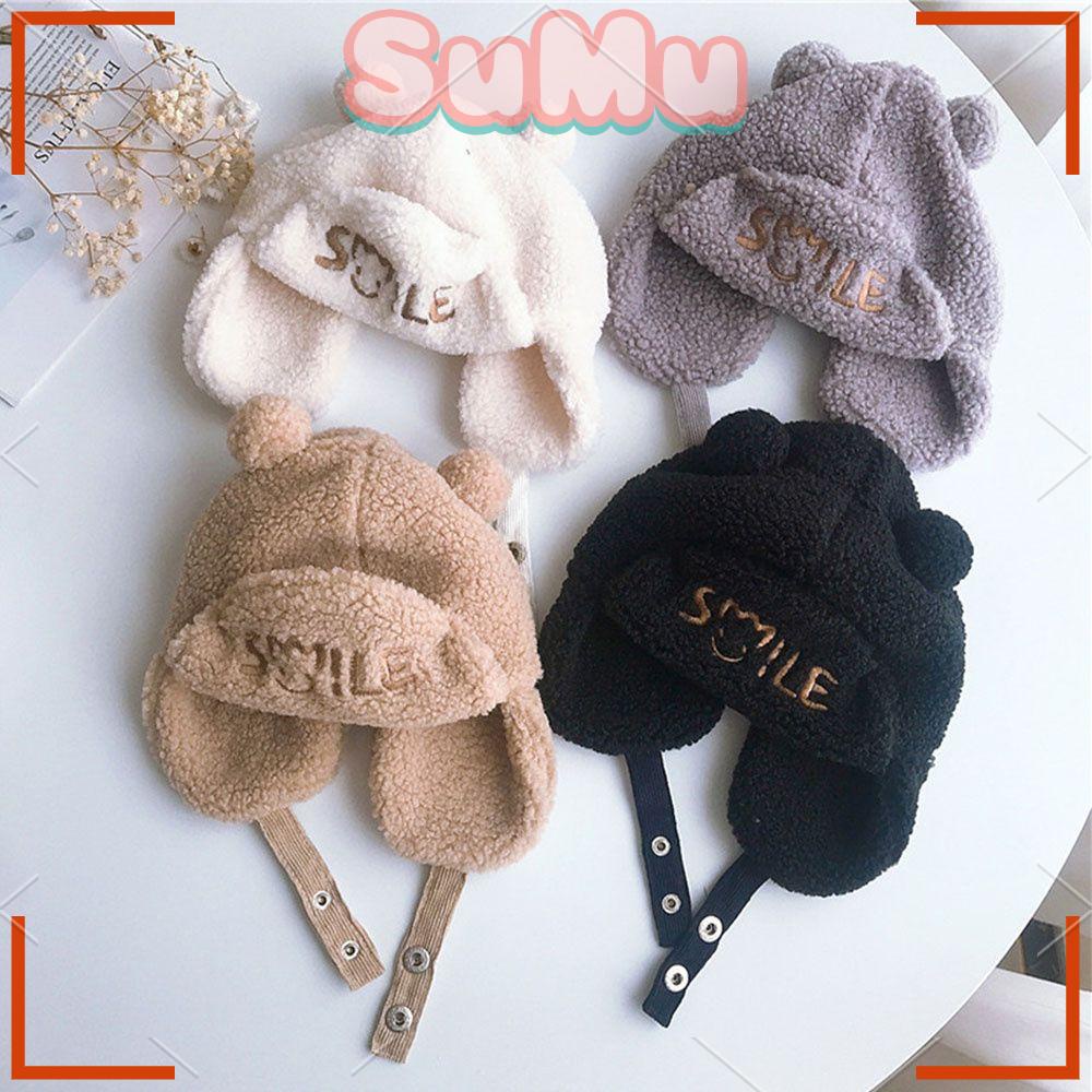 Mũ Len Lông Cừu Màu Trơn Giữ Ấm Tai Cho Bé 2-8 Tuổi