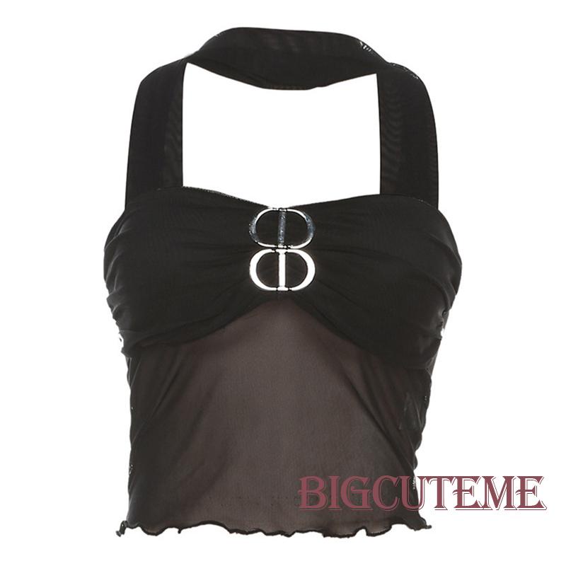 [] - Áo Crop Top Không Tay Có Khóa Kim Loại Trang Trí Xuyên Thấu Mùa Hè Cho Nữ