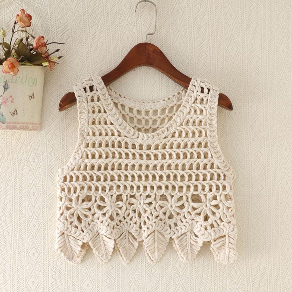 Nickolas Áo Crop Top Dệt Kim Mềm Mại Không Tay Khoét Lỗ Hình Hoa Phong Cách Hàn Quốc Đi Biển