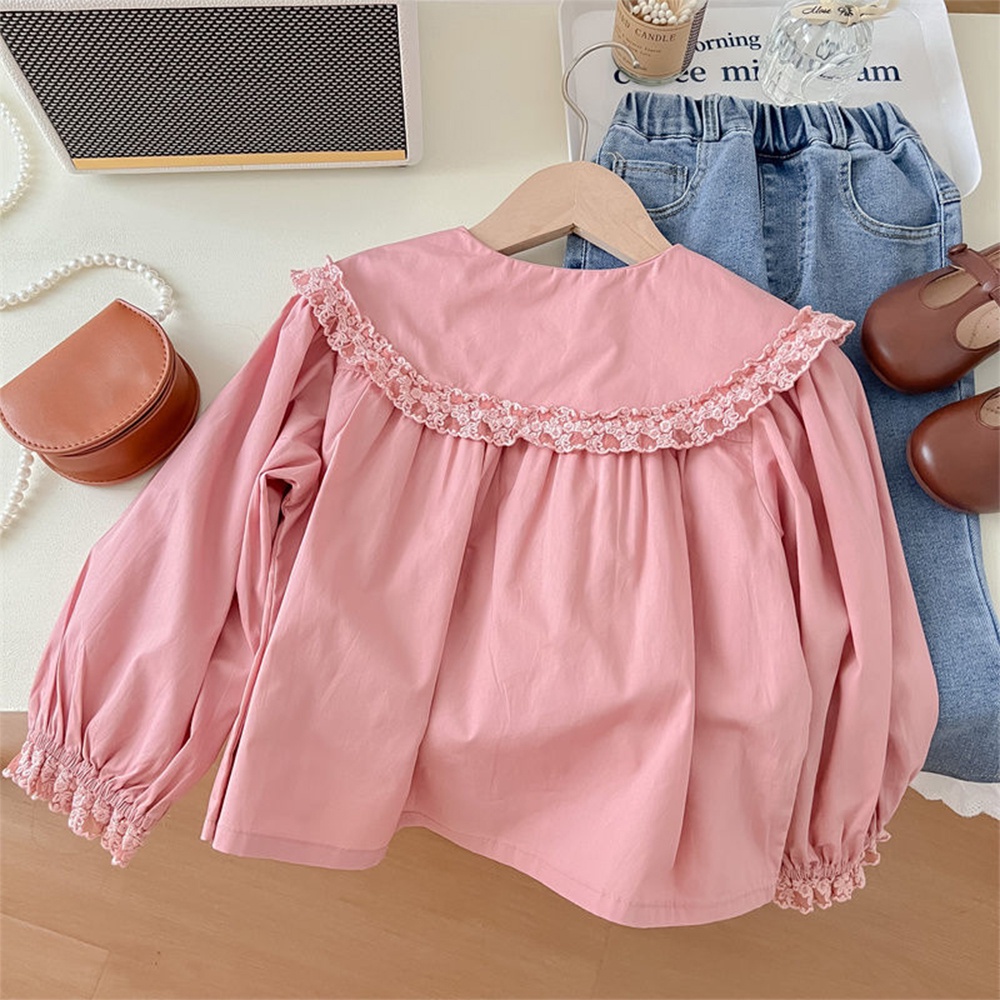 BEAR LEADER Set Đồ Mùa Hè 2 Món Gồm Áo Sơ Mi Tay Dài Cổ Búp Bê Màu Hồng + Quần Jeans Viền Hoa Màu Trơn Cho Bé Gái 2-6 Tuổi