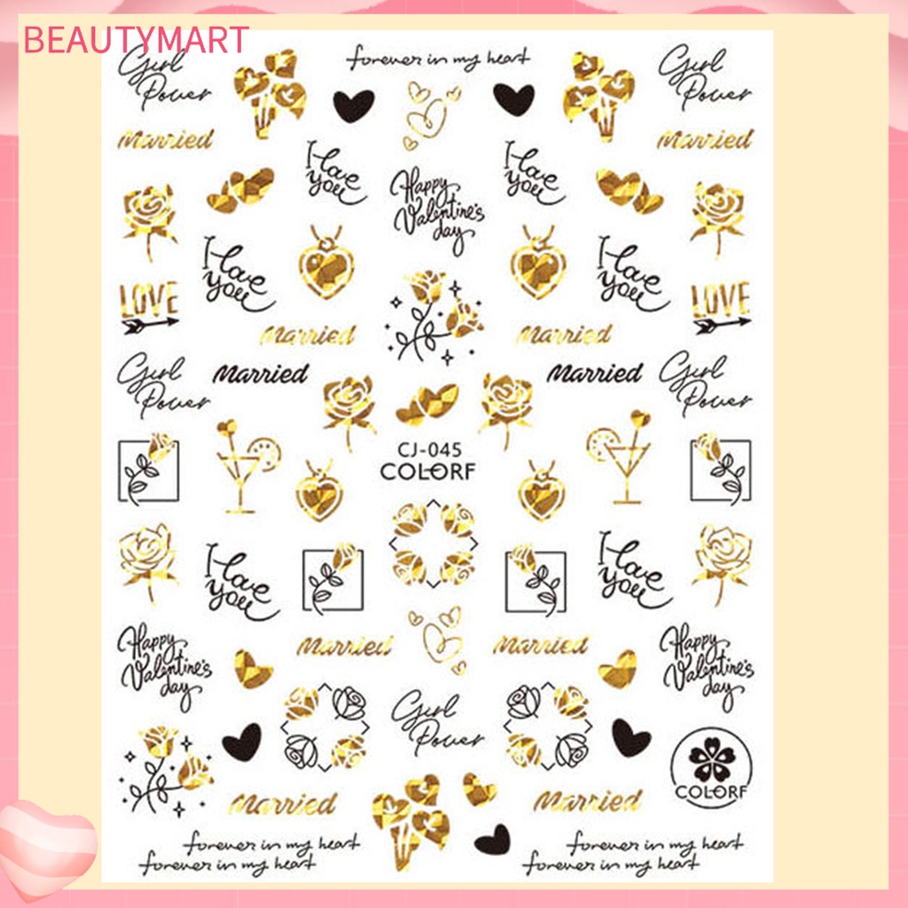 [beautymart] Nhãn Dán Móng Tay Tự Dính Họa Tiết Hoa Hồng Trái Tim Tình Yêu Tinh Tế Chống Rơi Có Thể Tháo Rời Trang Trí DIY