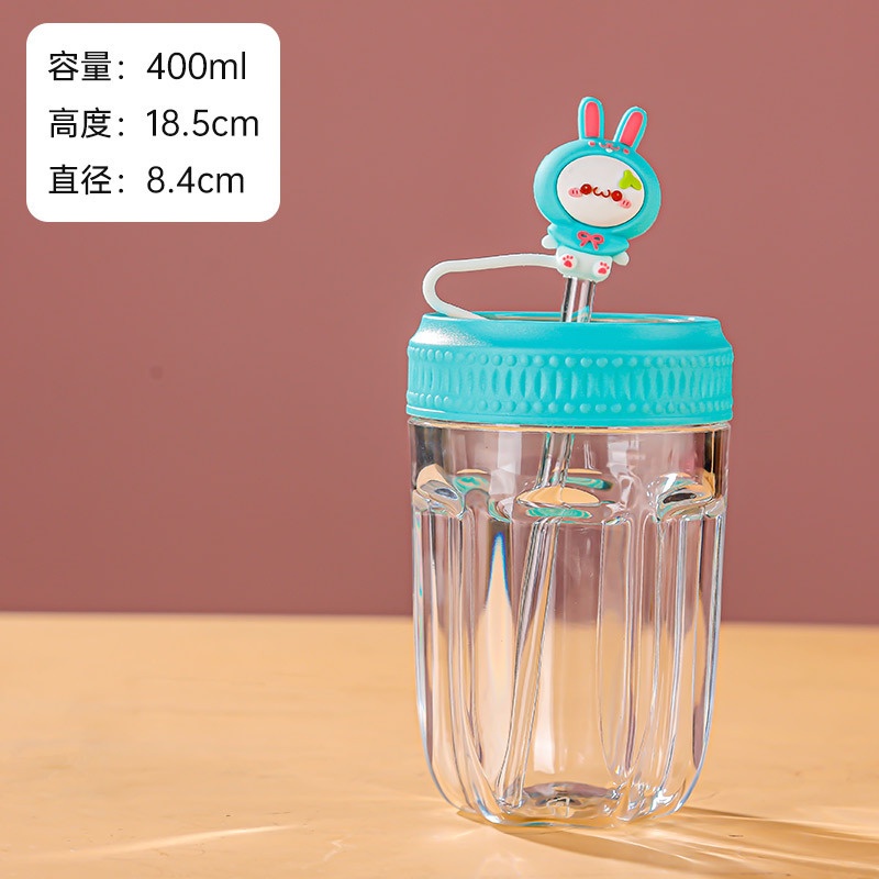 Cốc Thủy Tinh Uống Nước 18.5x8.4cm Kèm Ống Hút Hoạt Tiết Chú Thỏ Đáng Yêu 400ml