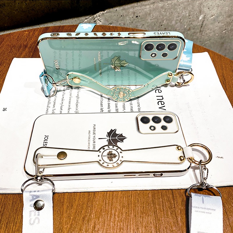 Ốp Điện Thoại Silicon Hình Chiếc Lá Phong Mạ Điện 6D Có Dây Đeo Cho Samsung Galaxy A54 A24 A14 M54 M14 4G 5G