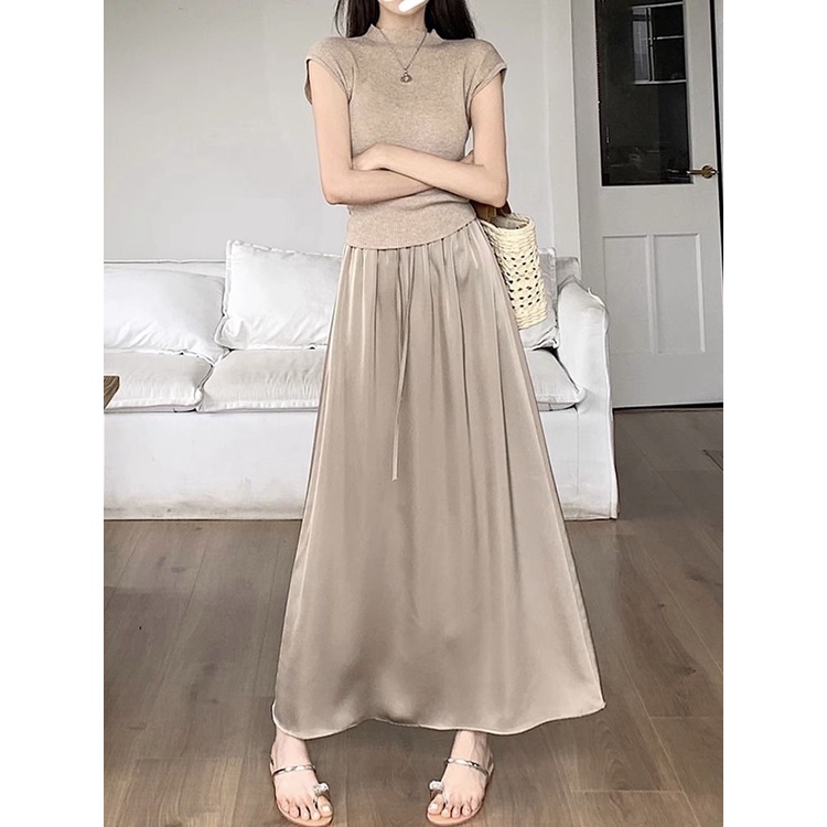 Chân Váy Satin Chữ A Dài Lưng Cao Thời Trang Mùa Hè Cho Nữ