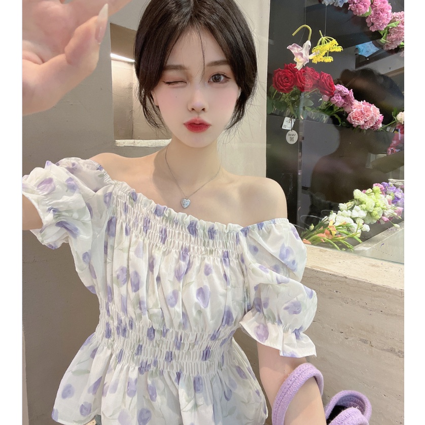 SUXI Áo Kiểu Cổ Vuông Tay Phồng In Họa Tiết Hoa Phong Cách Hàn Quốc Thời Trang Mùa Hè Cho Nữ