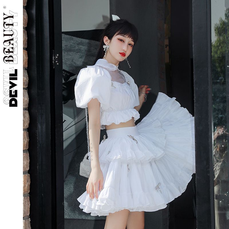 Bộ Áo Ngắn Tay Phồng Đính Nơ Giả Hai Lớp + Chân Váy Ngắn Phong Cách Mới Dành Cho Nữ Y2