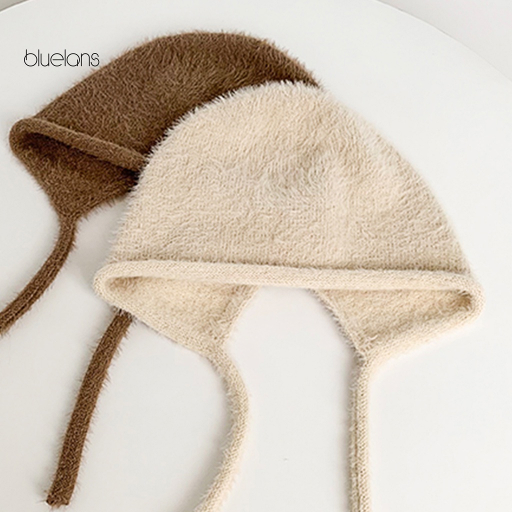 Mũ Len Trùm Tai Không Vành Màu Trơn Cột Dây Thời Trang Mùa Đông Cho Nữ