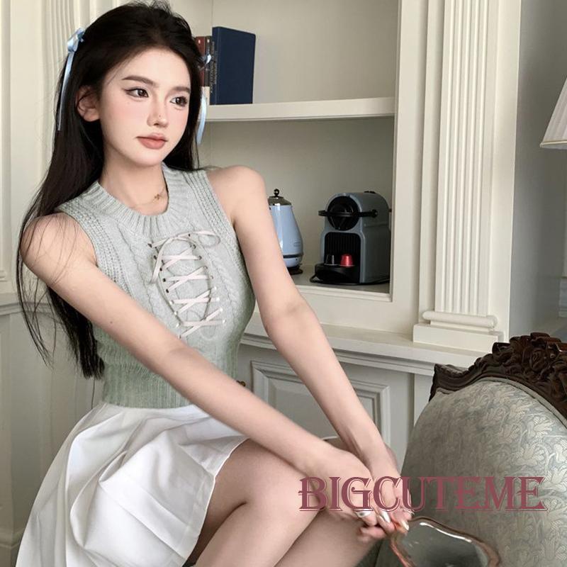 [] - Áo Tank Top Dệt Kim Không Tay Ôm Dáng Màu Trơn Cổ Tròn Buộc Dây Chéo Mùa Hè Đường Phố Cho Nữ