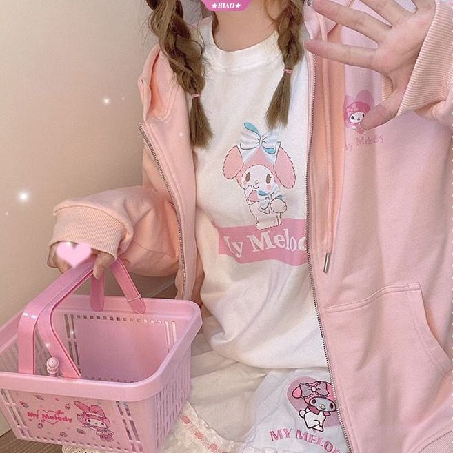 Sanrio Kuromi Cinnamoroll My Melody Áo Khoác Sweater Có Mũ Trùm Đầu Phong Cách Lolita Mỏng Giữ Ấm Mùa Xuân Thu Cho Nữ