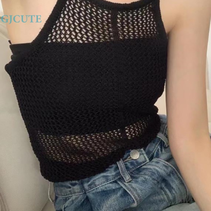 Áo Hai Dây Dệt Kim Màu Trơn Khoét Lỗ Gợi Cảm Cho Nữ