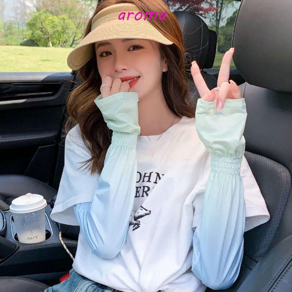 AROMA Găng Cánh Tay Chống Nắng / Tia UV Bằng Lụa Lạnh Co Giãn Màu Sắc Gradient Hình Vương Miện Dành Cho Nữ