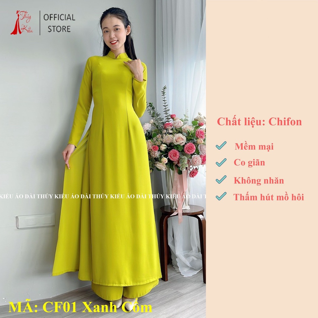 Áo dài truyền thống 4 tà đủ màu lụa Chiffon cao cấp CF01 (Cả bộ áo + quần) màu Cốm