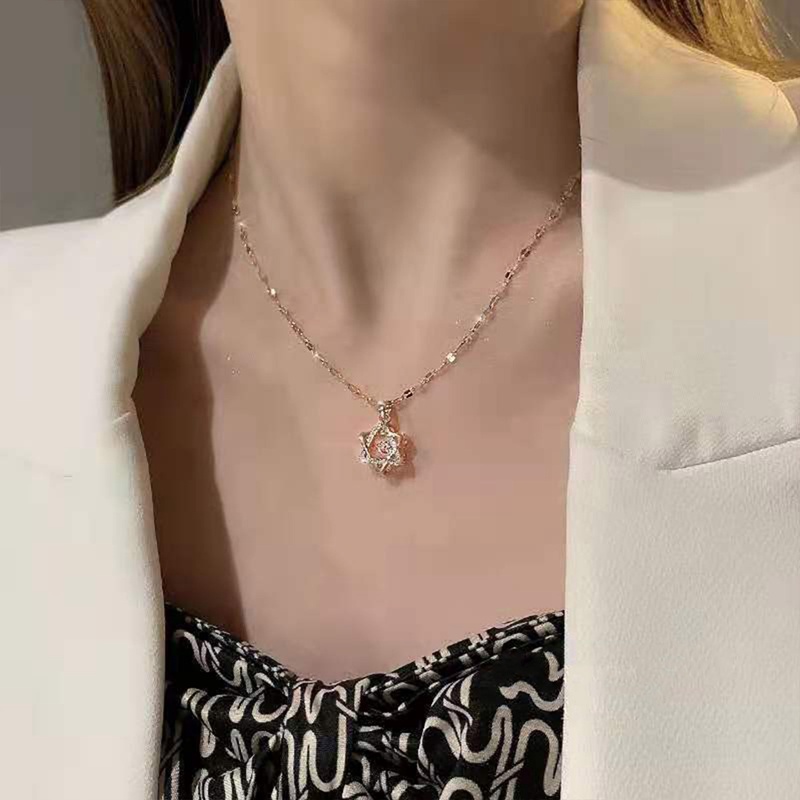 Ygt Vòng cổ Thép Titan Mặt Ngôi Sao Sáu Cánh Đính Kim Cương Tinh Tế Phong Cách Hàn Quốc