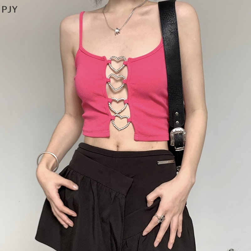 Pjy Y2k s Áo Crop Top Không Tay Khoét Lỗ Phối Vòng Kim Loại Gợi Cảm PJ
