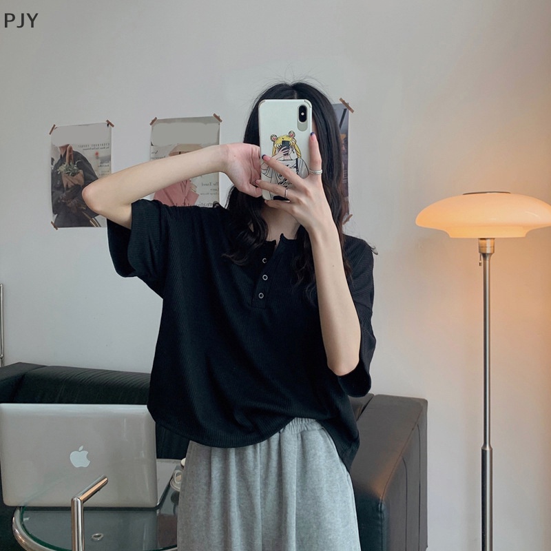 Áo Thun PJY Cổ Tròn Dáng Rộng Cài Nút Dưới Vai Thời Trang Mùa Hè Cho Nữ