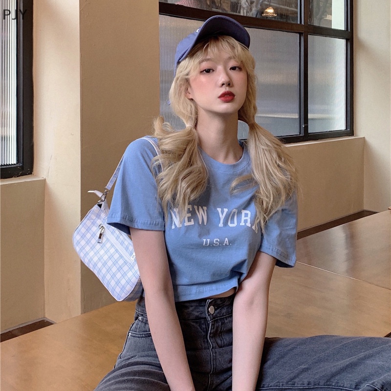 Áo Thun Crop Top Tay Ngắn Cổ Tròn Dáng Rộng In Chữ Thời Trang Mùa Hè Cho Nữ PJ