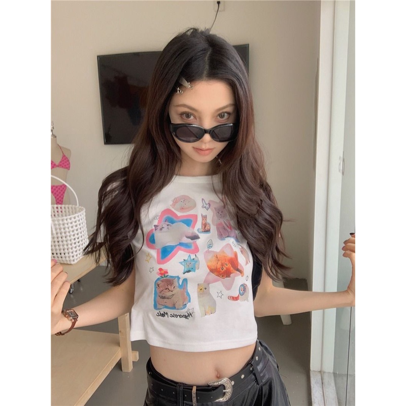 Áo Baby Tee Thun Croptop Nữ Tay Ngắn Hở Vai Dáng Ôm In Hình Mèo Thời Trang Mùa Hè Hàng Mới Dành Cho Bạn Nữ