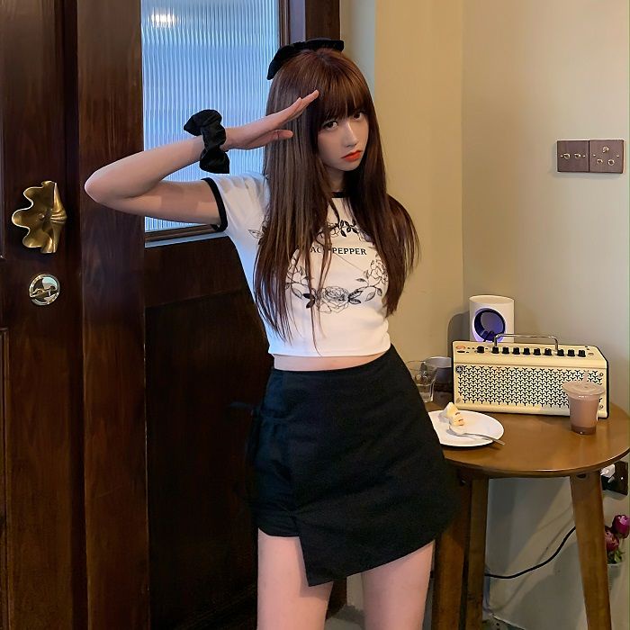 Áo Baby Tee Thun Croptop Nữ Eo Cao Tay Ngắn Màu Sắc Tương Phản Phong Cách Retro Mỹ Thời Trang Mùa Hè Dành Cho Nữ