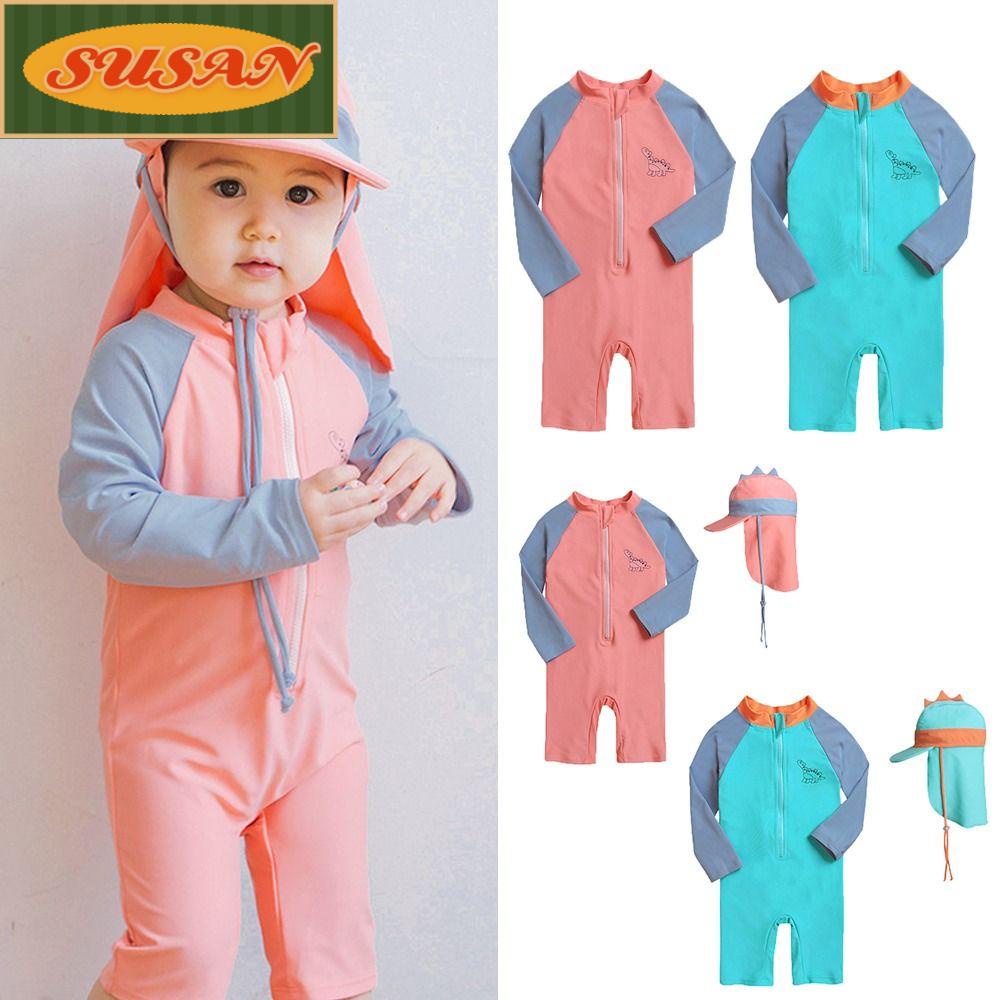 SUSANS Đồ Bơi Một Mảnh Dài Tay Mau Khô Kèm Mũ Cho Bé Gái