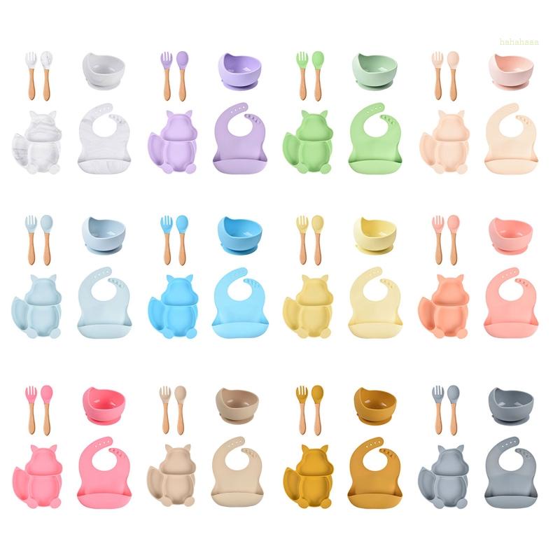 Bộ Dụng Cụ Tập Ăn 5 Món Gồm Bát + Muỗng + Nĩa Bằng Silicone Cho Bé