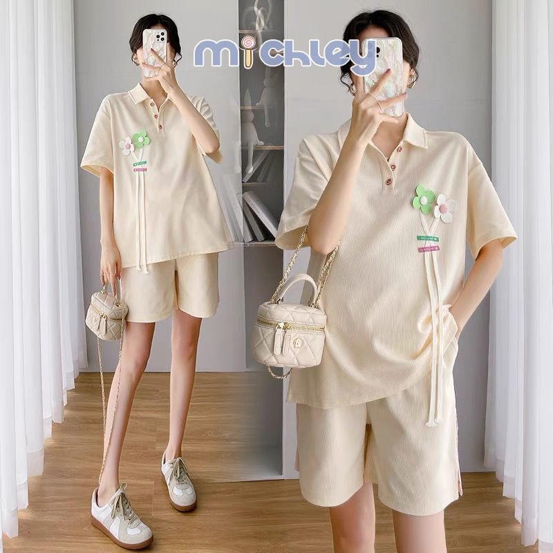 Set đồ MICHLEY gồm áo thun polo và quần short hỗ trợ bụng thời trang mùa hè cho mẹ bầu