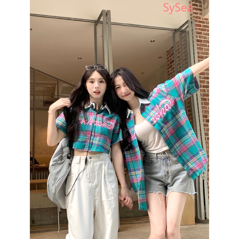 Áo Sơ Mi Ngắn Tay Dáng Rộng Hoa Văn Kẻ Ô Phong Cách Retro Dành Cho Nữ