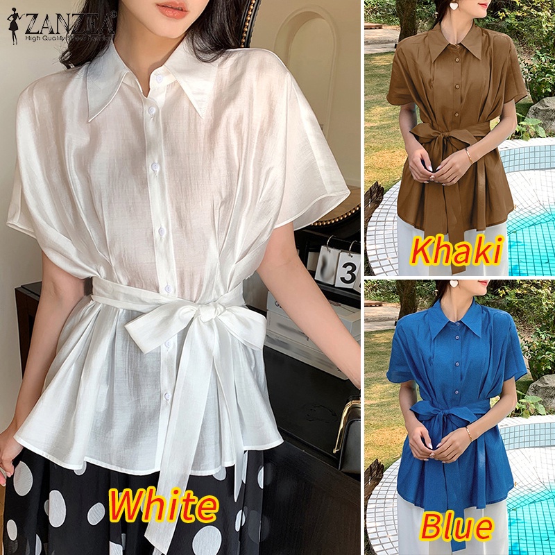 ZANZEA Áo Sơ Mi Ngắn Tay Xếp Ly Cổ Bẻ Thời Trang Hàn Quốc Cho Nữ