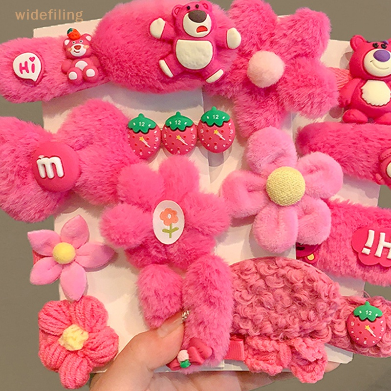 Set 8 / 10 Kẹp Tóc Hình Gấu / Dâu Tây Phủ Lông Thời Trang Mùa Đông Xinh Xắn Cho Bé Gái