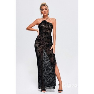 Hitpop-nữ Dài Bodycon Đầm In Hoa Lưới Xuyên Qua Dây Buộc Cổ Không Tay Lưng Đầm Dự Tiệc Mùa Hè