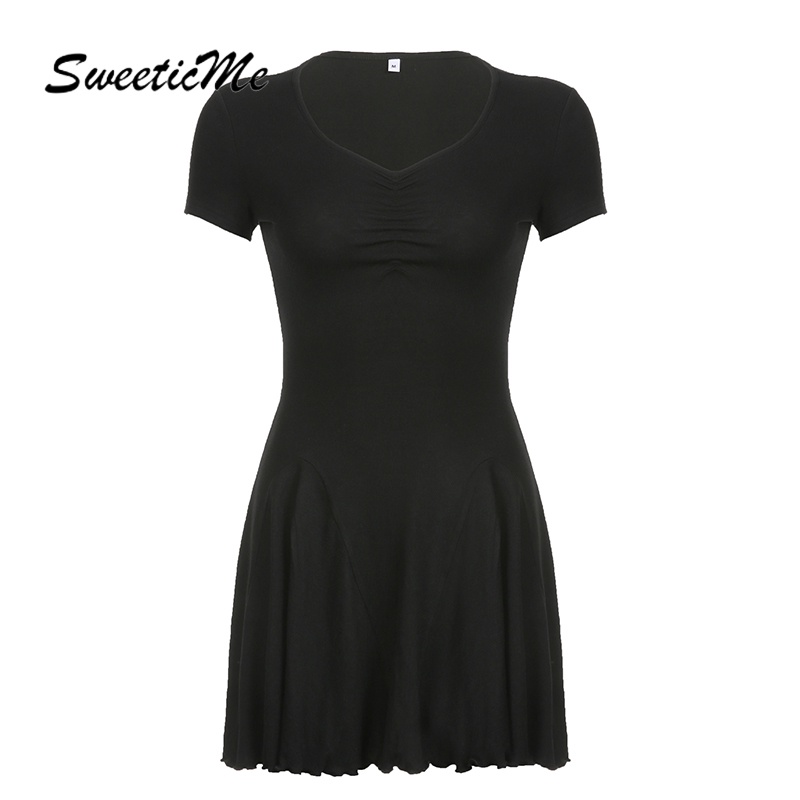 Đầm Tay Ngắn Cổ Chữ V Màu Trơn Dáng Ôm Thời Trang 2023 Dành Cho Nữ