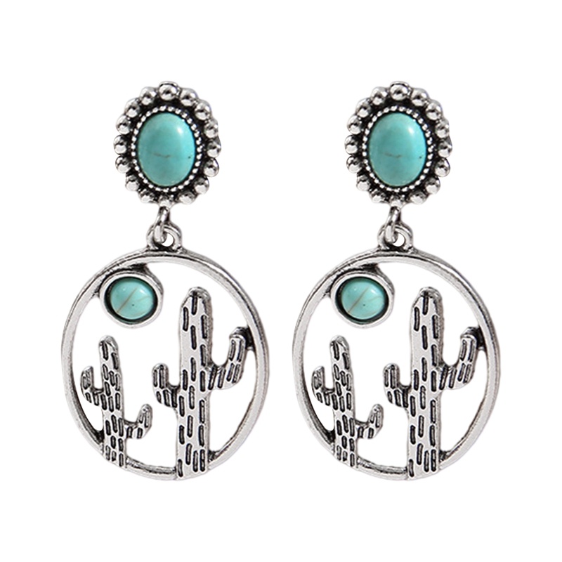 Bông Tai Hình Oval Đính Đá Turquoise / Xương Rồng / Giọt Nước Bằng Kim Loại Phong Cách Phương Tây