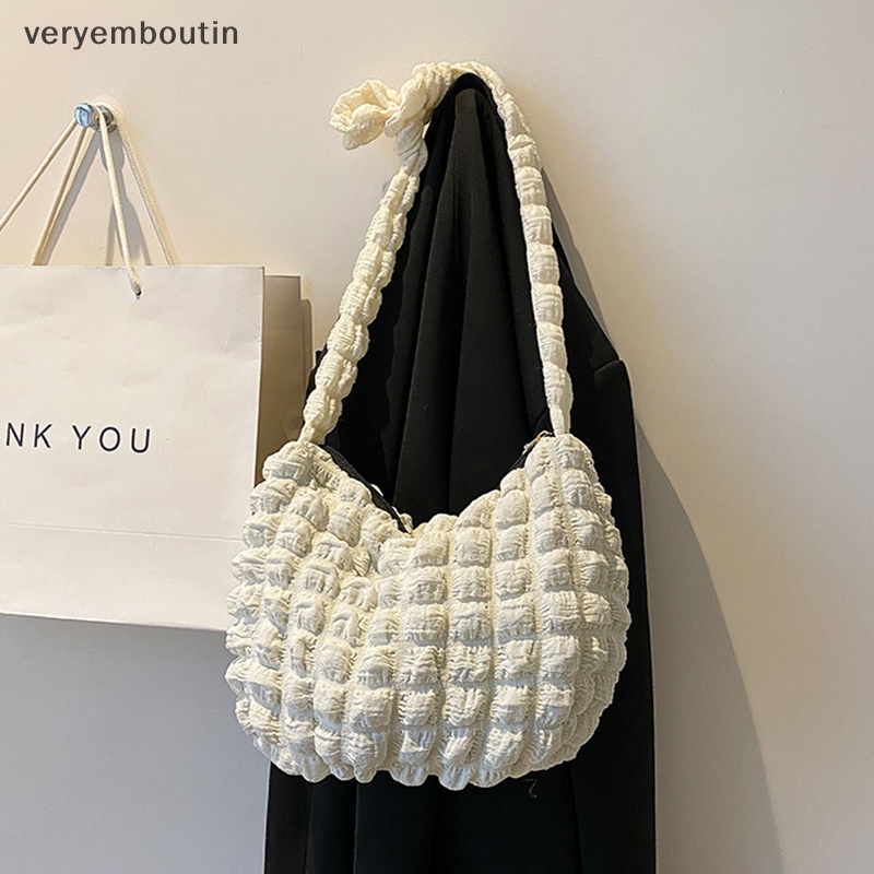 Túi Tote Đeo Vai Cotton Sức Chứa Lớn Xếp Ly Chần Bông Họa Tiết Kẻ Sọc Thời Trang Cho Nữ n